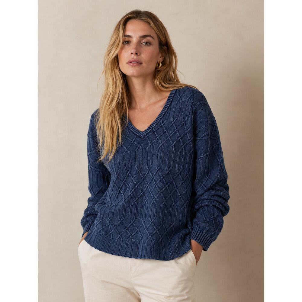 Natural Reflections Blue Cable Knit Cotton Sweater XL Nautical Coastal